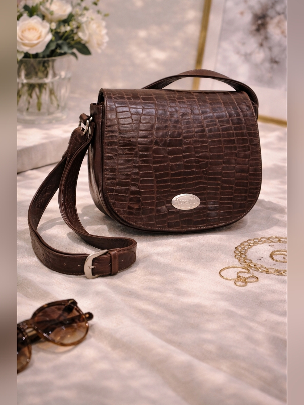 Vintage Brown Croc Embossed Crossbody Flap Bag Faux Leather Classic Everyday